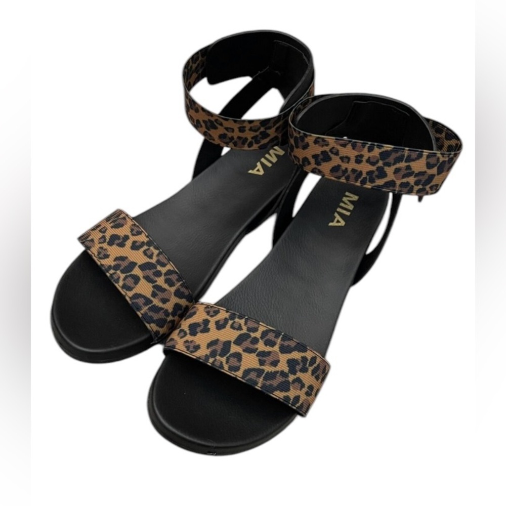 Mia Lydya Womens Sandal Leopard Cheetah Black Flat 8.5 M New Elastic Strap Light - Picture 3 of 6